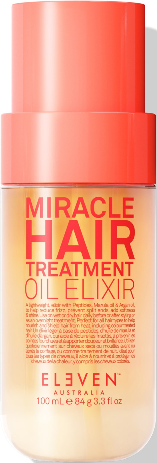 A bottle of hair treatment oil elixir with a coral-colored cap and bright red text on a light background.