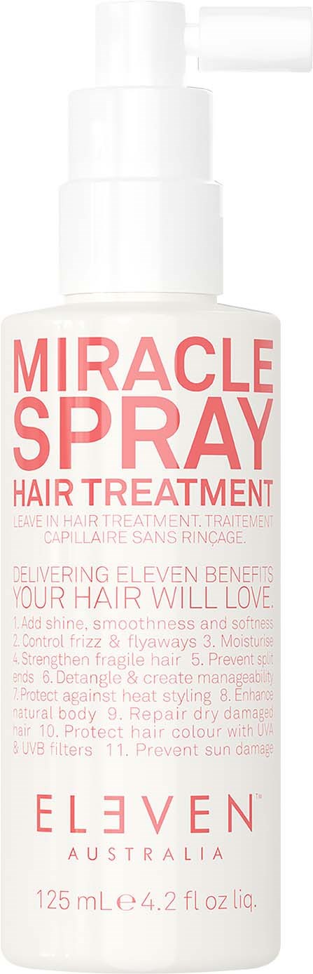 Eine weiße Sprühflasche mit der Aufschrift 'Miracle Spray Hair Treatment' in rosa, bietet Haarklänge.