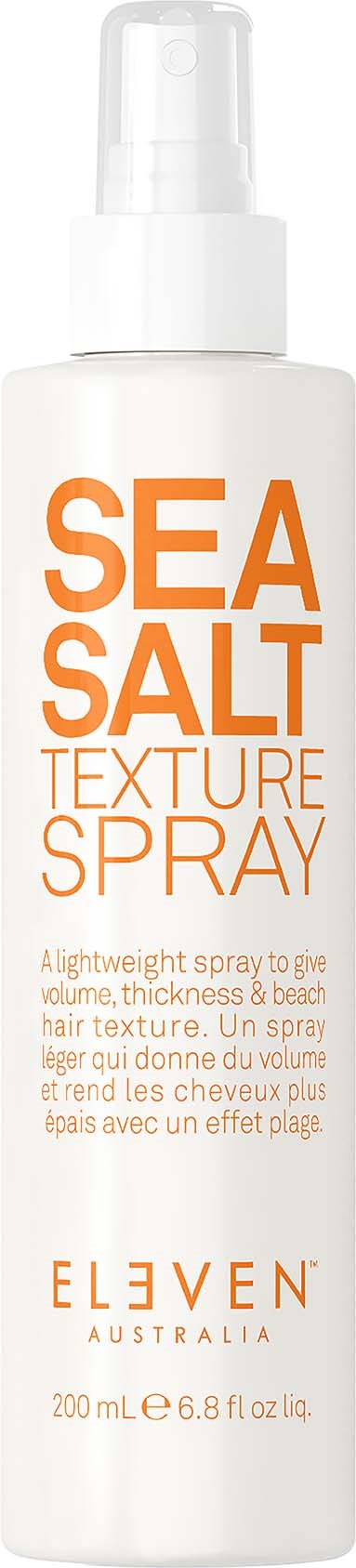 Eine weiße Flasche mit oranger Beschriftung sagt 'Sea Salt Texture Spray' für Haare, hergestellt von Eleven Australia, 200 ml.