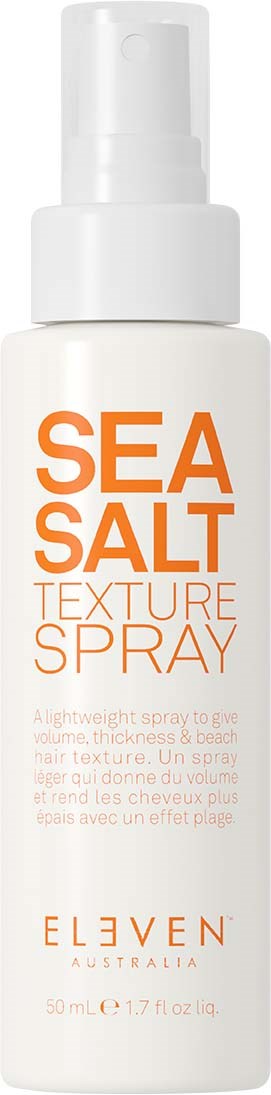 Eine weiße Flasche mit Spray, enthält Meersalz-Texturspray für Volumen und Dicke der Haare.