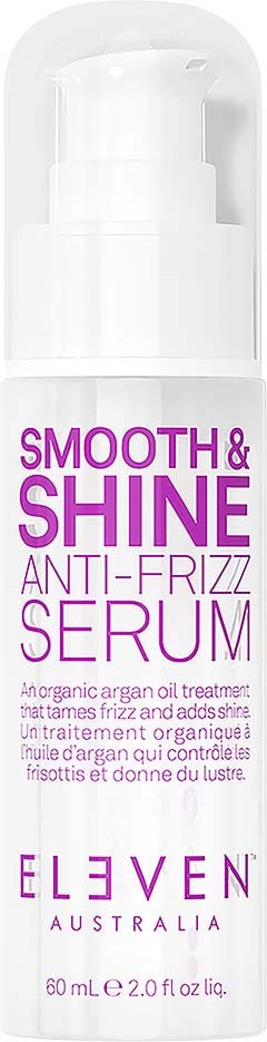 Eine weiße Flasche mit Pumpspender, gekennzeichnet 'Smooth & Shine Anti-Frizz Serum' von Eleven Australia, für Haarpflege.