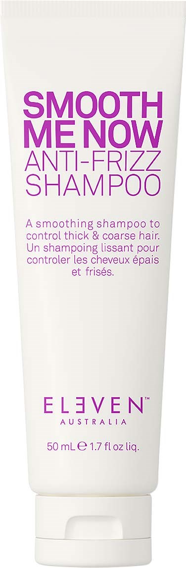A white shampoo bottle with pink text, saying "Smooth Me Now Anti-Frizz Shampoo," by Eleven Australia, 50ml size.