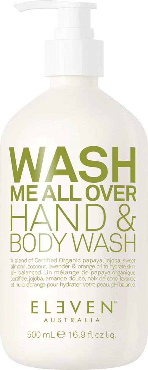 A white bottle with a pump contains hand and body wash. The label has large green and smaller black text.