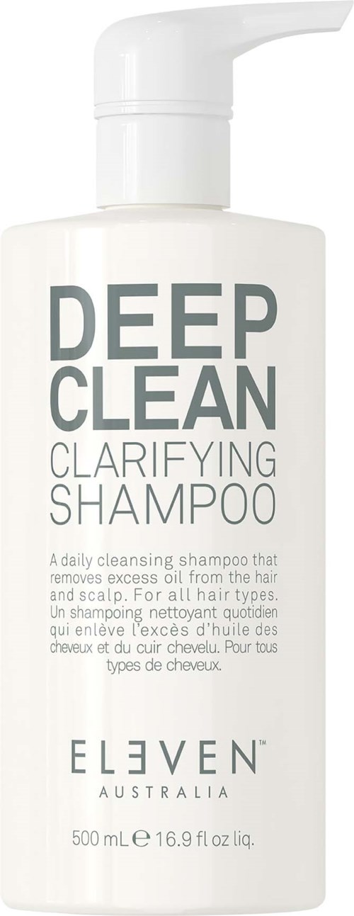 A white bottle with a pump, labeled 'Deep Clean Clarifying Shampoo' by Eleven Australia, 500 ml.