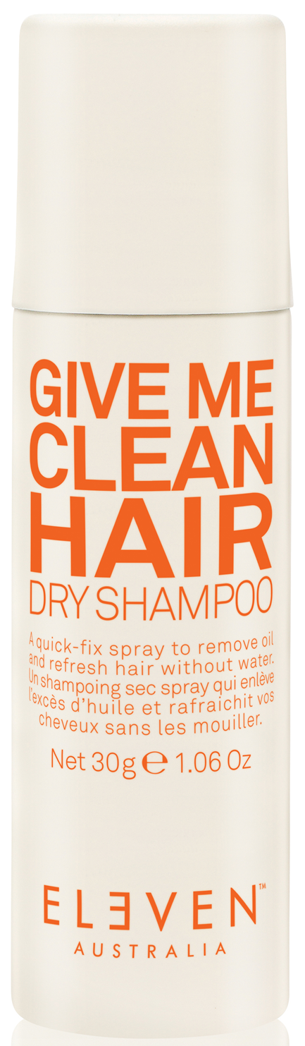 En vit sprayflaska med orange text som erbjuder torrschampo kallat "GIVE ME CLEAN HAIR" av ELEVEN AUSTRALIA.