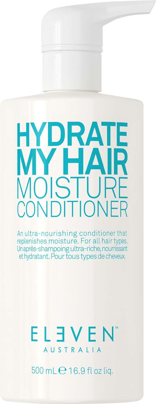 Eine weiße Flasche mit Haarspülung gekennzeichnet mit 'Hydrate My Hair Moisture Conditioner', mit Sprühpumpe, 500 ml, Marke Eleven Australia.