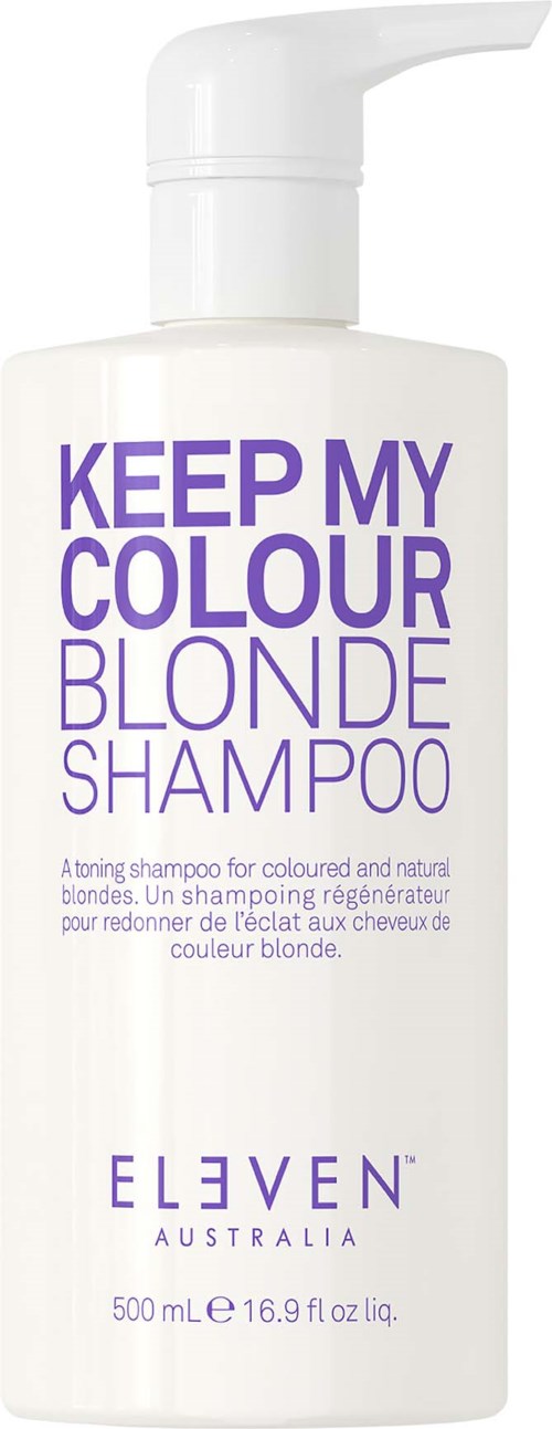 A white shampoo bottle with a pump, labeled "Keep My Colour Blonde Shampoo," from Eleven Australia.