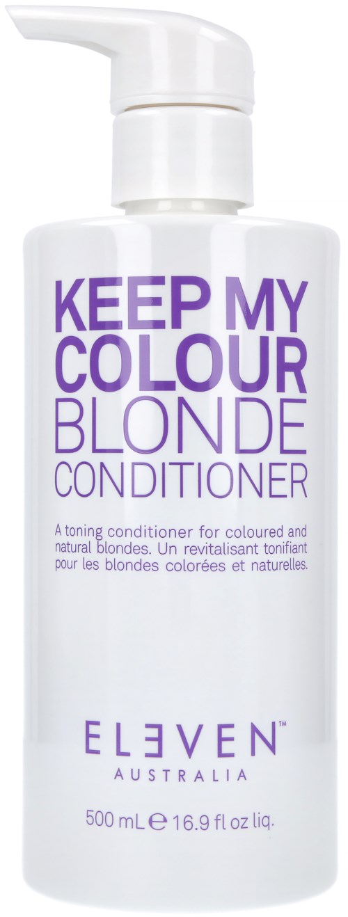En vit flaska med lila text: "KEEP MY COLOUR BLONDE CONDITIONER". Märke: ELEVEN Australia, 500 ml.