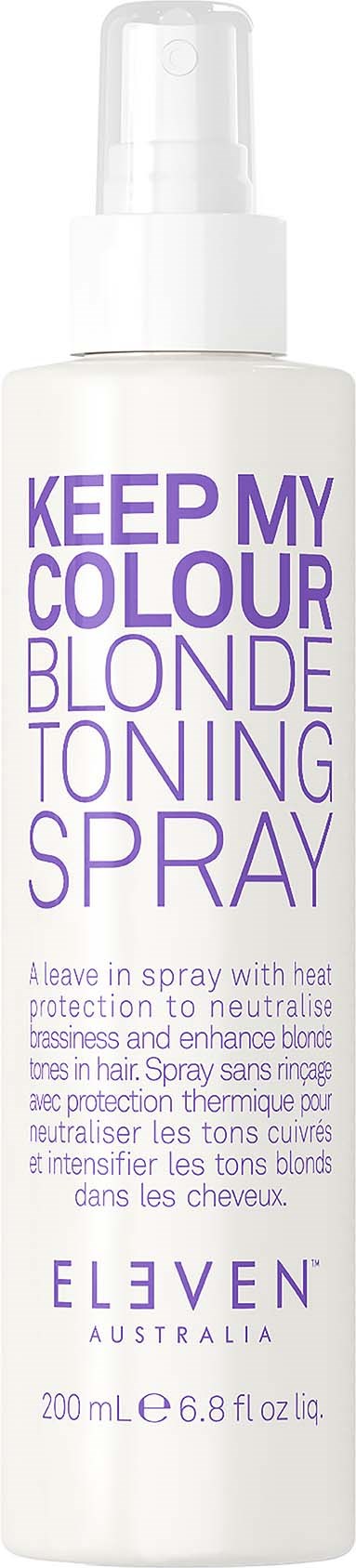 Eine weiße Sprühflasche mit lila Text sagt "Keep My Colour Blonde Toning Spray" und beschreibt die Anwendung.