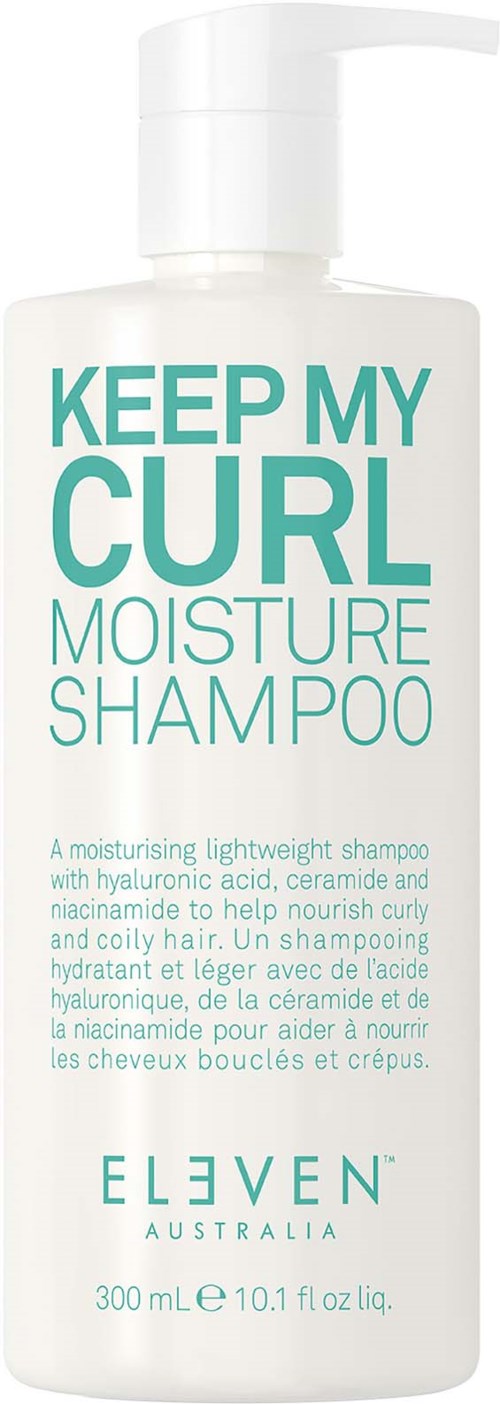 Valkoinen pullo Pumpulla, teksti 'Keep My Curl Moisture Shampoo' vihreää, valmistajalta Eleven Australia. Sisältää 300 mL.