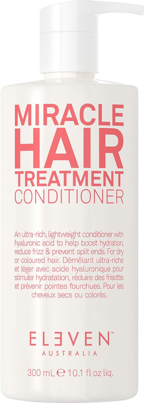 Eine weiße Flasche mit rotem Text "Miracle Hair Treatment Conditioner" von ELEVEN Australia.
