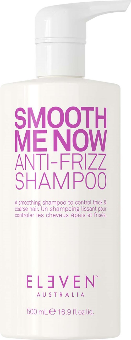 A white shampoo bottle with a pump, labeled 'Smooth Me Now Anti-Frizz Shampoo' and brand 'Eleven Australia'.