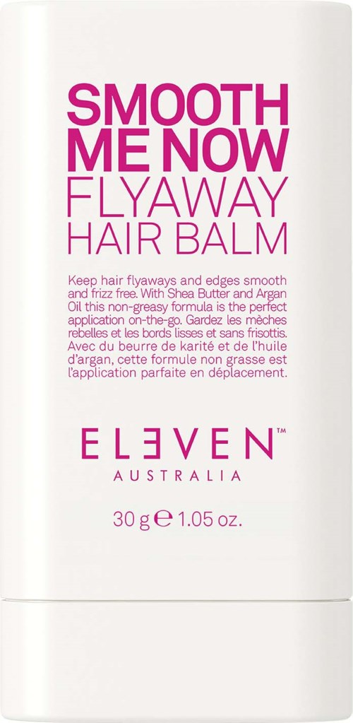 A hair balm container with pink and purple text. The brand name is Eleven Australia. It promotes smoothing hair.