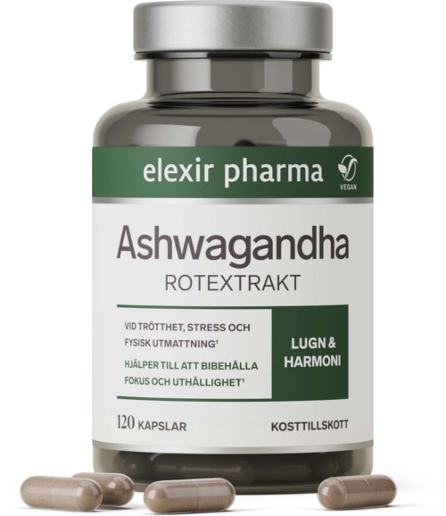 A bottle labeled Ashwagandha with tablets next to it, promoting stress relief, focus, and calmness.