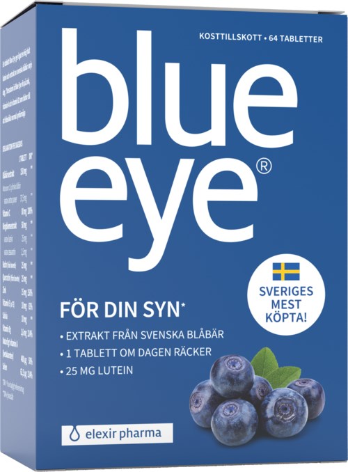 Blue Eye kosttilskudd med blåbær, svensk flagg og tekst om øyehelse og ingredienser.