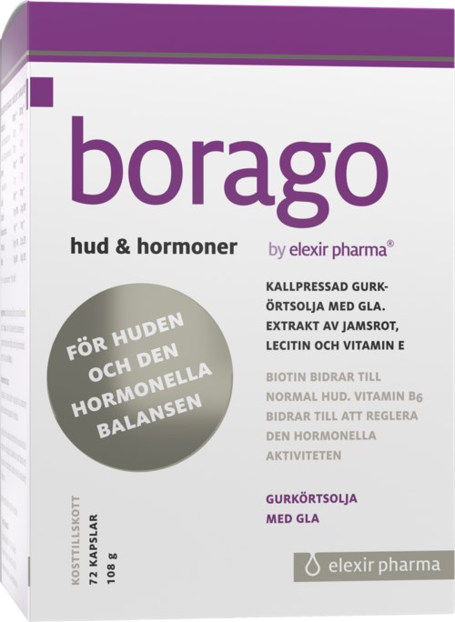 A box of Borago herbal supplement with turmeric, chia oil, lecithin, and vitamin E for skin and hormone balance.