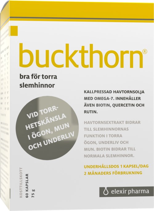 En boksboks Bukkthorn-tilskudd for hud og øyehelse, inkluderer omega-7, biotin og quercetin, støtter tørre øyne, mage og munnhelse.