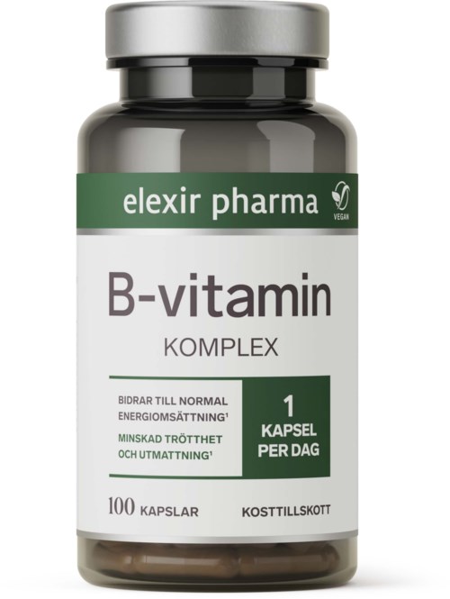 En mörk flaska med en grön och vit etikett för B-vitamintillskott, innehåller 100 kapslar.