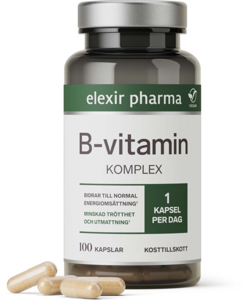 En kosttillskottsflaska märkt B-vitamin komplex med 100 kapslar, några kapslar utanför, och märket elexir pharma.