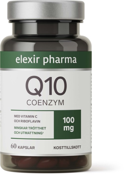 En flaska med Q10-kosttillskott från elexir pharma med 60 kapslar som påstår sig minska trötthet och öka energi.