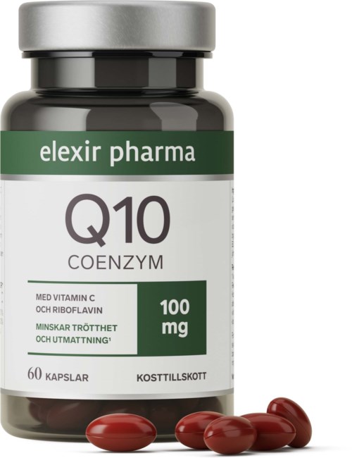 Flaska med Q10-coenzymtillskott och röd kapslar framför.