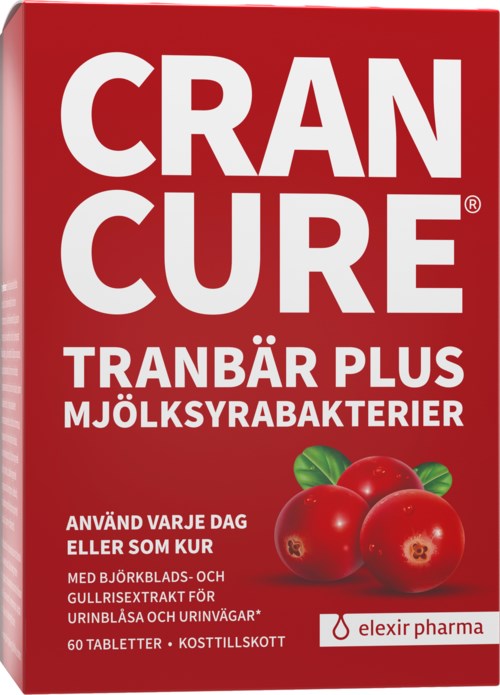 En rød boks merket 'Cran Cure Tranbar Plus' med tre røde bær og grønne blader, som promoterer et kosttilskudd for urinhelse.