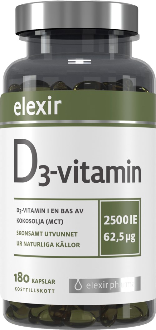 A bottle of vitamin D3 supplements with 180 capsules, labeled in Swedish, green and white design, from Elexir Pharma.