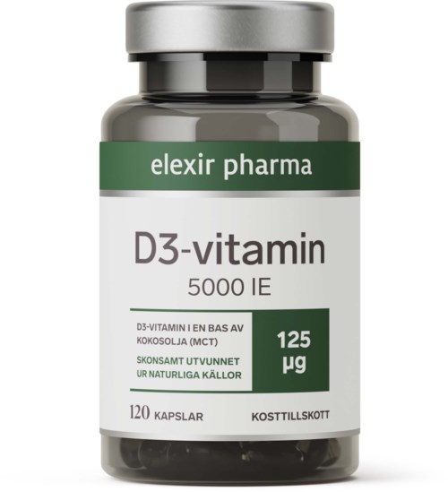 En flaske merket D3-vitamin med 120 kapsler, viser at den er naturlig og inneholder 125 mikrogram.