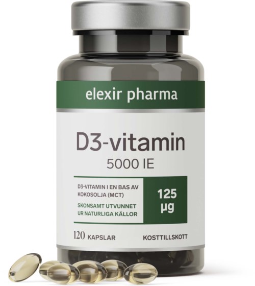 En flaske merket D3-vitamin fra elexir pharma med 125 mikrogram, inneholder 120 kapsler. Noen kapsler er vist ved siden.