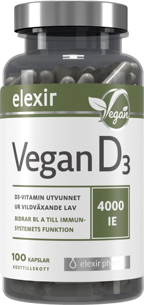 A bottle labeled 'Vegan D3' with green and white design, containing capsules or tablets, from Elexir. 