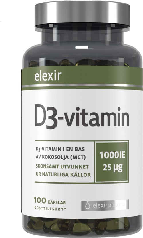A bottle of D3-vitamin capsules with green and white label, indicating 1000 IU, 25 micrograms, and natural sources.