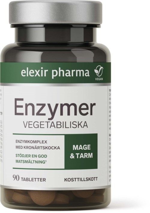 En flaska märkt enzymtillskott med grönt och vitt förpackning, innehåller 90 tabletter för matsmältningsstöd.