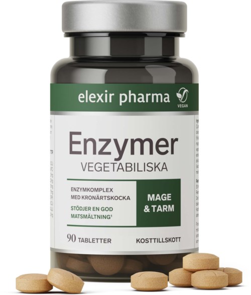 Vegan enzymtillskott med 90 tabletter för matsmältning och maghälsa, märkt Elexir Pharma, smak av mynta och tistel.