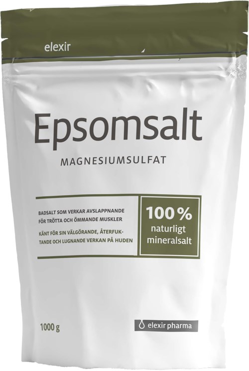 En hvit og grønn pakke med Epsom-salt med etikettinformasjon og merkenavn. Den nevner magnesiumsulfat og naturlige mineraler.