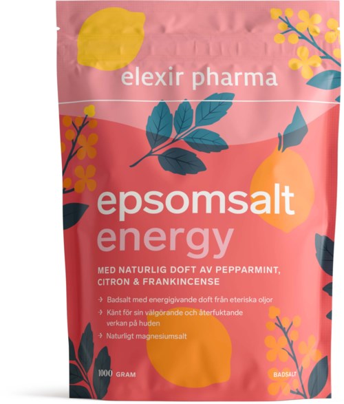Rosa pakke med gule og blå blomsterdesign, inneholder Epsom salts energi med peppermynte, sitron og frankincense dufter.