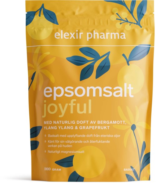 En gul påse märkt Elexir Pharma Epsom salt joyful med blå och gula blad och citrusfruktillustrationer.