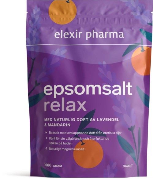 Lila förpackning marknadsför badsalt med lavendel och mandarin för avslappning och naturlig doft.