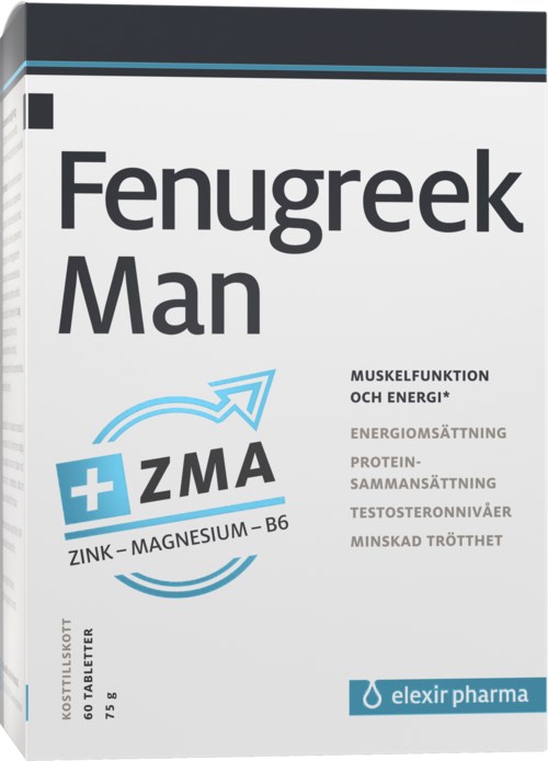 Box for Fenugreek Man supplement with text about muscle function and energy, plus ingredients like zinc, magnesium, B6.
