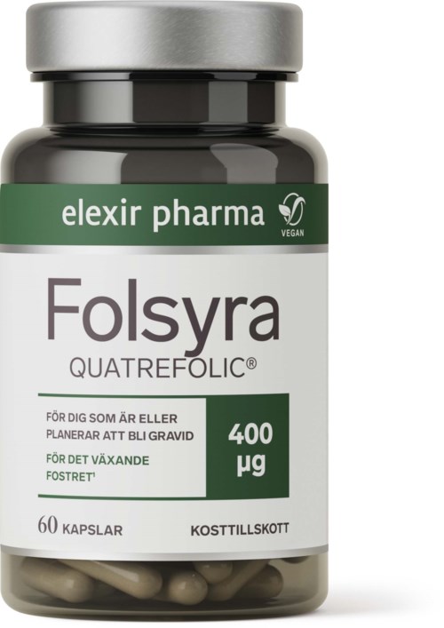 Et kosttilskuddsflaske merket Folsyra med 60 kapsler, inneholder 400 mikrogram, for gravide eller de som prøver å bli gravide.