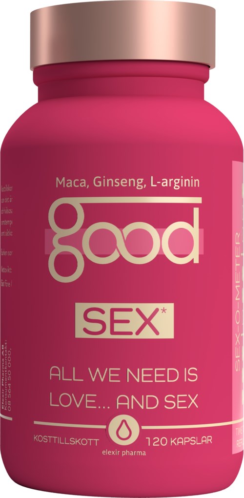 Pink bottle labeled "good SEX*" contains 120 capsules, with ingredients Maca, Ginseng, L-arginine, promoting love and sex.