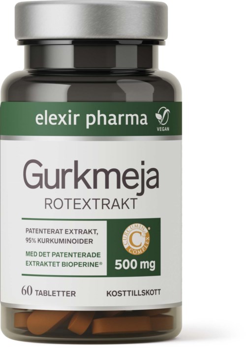 En flaske merket Gurkmeja med gurkemeje-ekstrakt tabletter, som inneholder 500 mg og 60 tabletter, laget av Elexir Pharma.