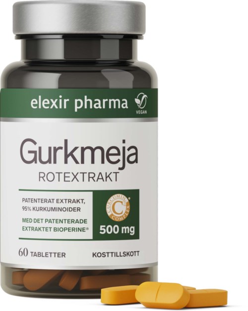 Flaske med gurkemeje-tilskudd med gule tabletter og etikett som viser 500 mg og vegansymbol.