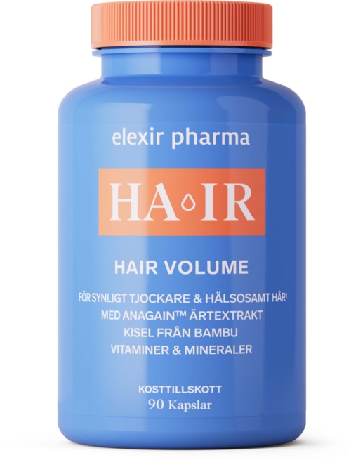 Blue bottle labeled HAIR with orange cap. It mentions hair volume, health, bamboo extract, vitamins, and minerals. Contains 90 capsules.