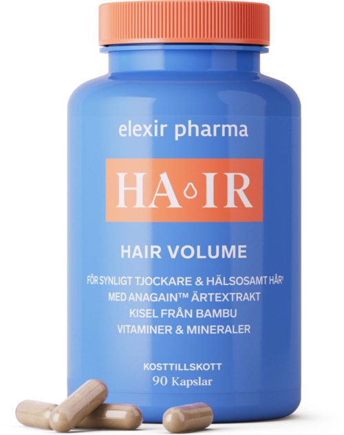 Blue bottle labeled HAIR with capsules, for hair volume, vitamins, and minerals. Contains 90 capsules.