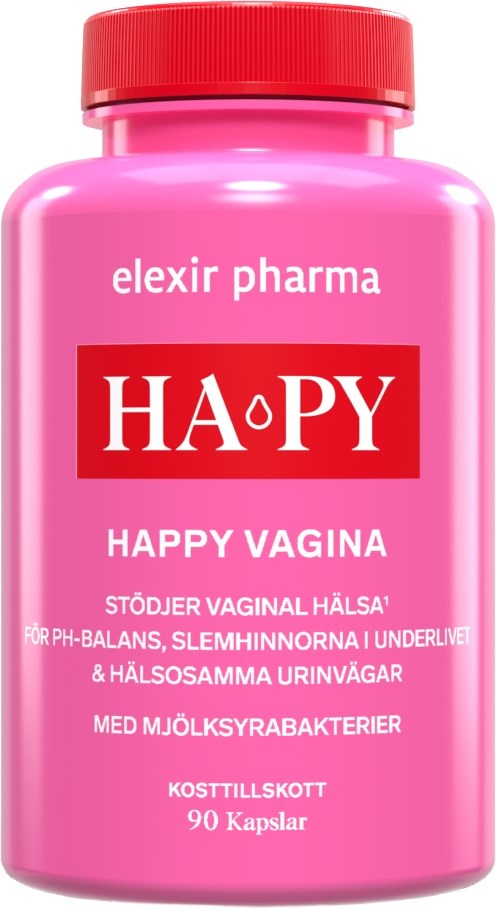 Rosa flaske mer teksten 'HAPPY VAGINA' og informasjon om å støtte vaginal helse og probiotika, inneholder 90 kapsler.