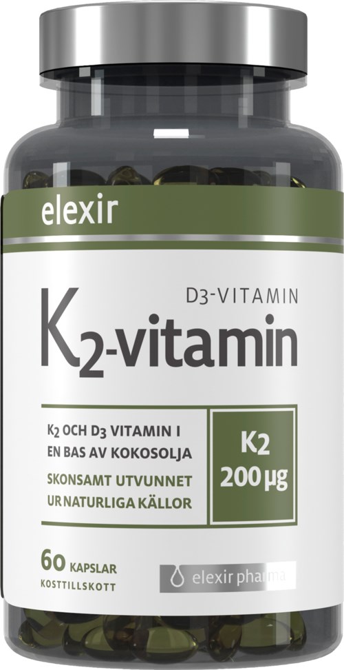 En flaske K2-vitaminkapsler, inneholder 60 kapsler, laget av naturlige kilder, fra Elexir Pharma.