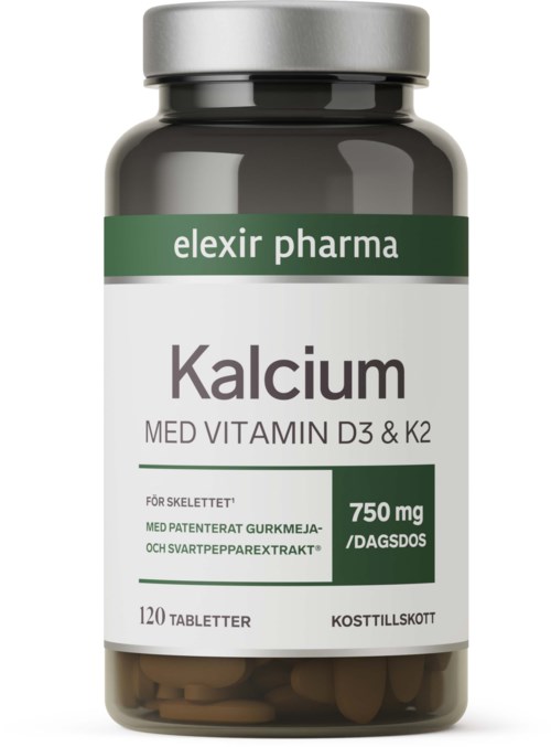 A bottle labeled Calcium, containing 120 tablets for bone health with vitamin D3 and K2. Green and white label.