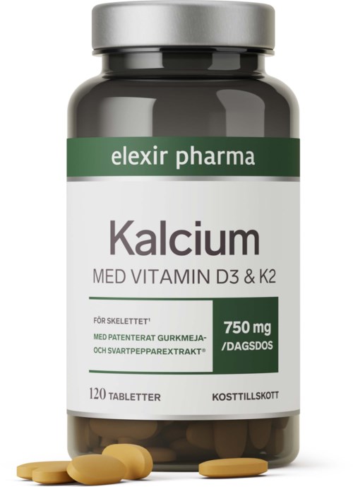 A bottle labeled calcium with vitamin D3 and K2, containing 120 tablets, made by elexir pharma.