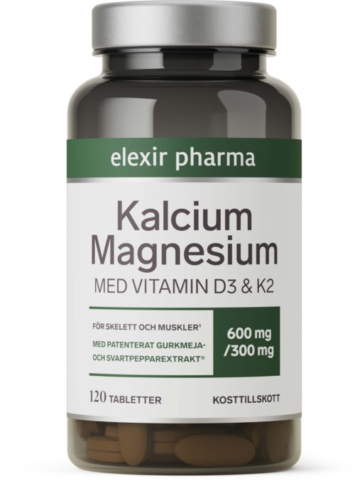 A bottle labeled calcium magnesium supplements with pink tablets inside. The label mentions vitamins D3 and K2.