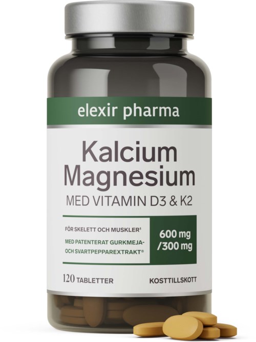 A bottle of calcium and magnesium supplement with 120 tablets, labeled for bones and muscles, containing vitamin D3 and K2.